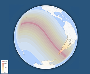 σφαιρικός γεωγραφικός χάρτης ορατότητας γιά την ηλιακή έκλείψη του Οκτωβρίου 20234