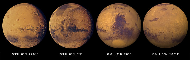 Mars Four Views composite Viking1 MOLA Topography Valles Marineris, Syrtis Major, Cerberus, Schiaparelli, Arabia