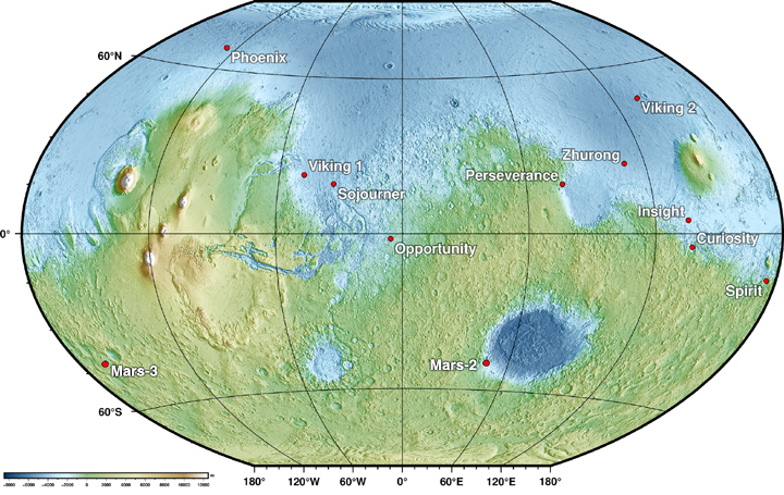 Πλανήτης Άρης, τοπογραφικός χάρτης με τις τοποθεσίες όπου προσγειώθηκαν οι σοβιετικές αποστολές Μαρς και οι αμερικανικές Βίκινγκ και άλλες - Mars Landers Location Topographic