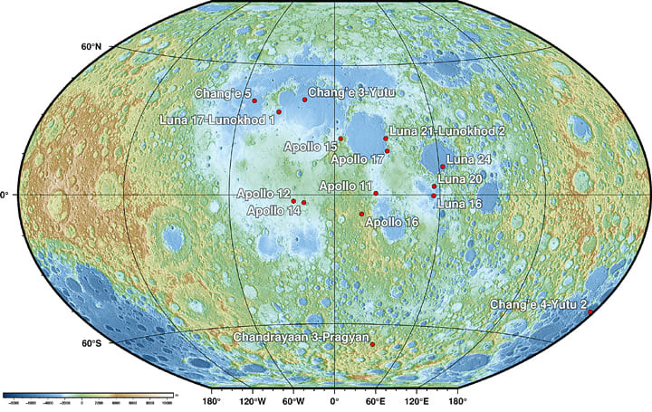Σελήνη, τοπογραφικός χάρτης της επιφάνειας με τις τοποθεσίες όπου προσγειώθηκαν οι σοβιετικές αποστολές Λούνα, οι αμερικανικές Απόλλων, οι κινεζικές Τσάνγκ’ε και η ινδική Τσαντραγιάαν - Moon soviet Luna american Apollon chinese Chang’e indian Chandrayaan Landers Location Topographic